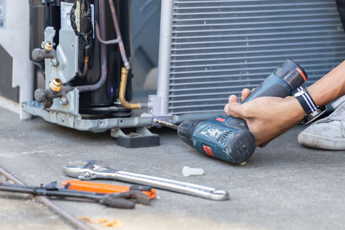 Selective Focus Air Conditioning Repair, Technician Man Hands Us Selective Focus Air Conditioning Repair, Technician Man Hands Us